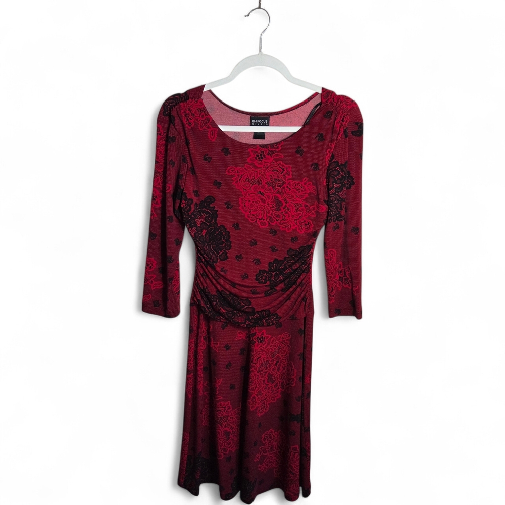 Enfocus Studio Red Black Floral Soft Stretch 3/4 Sleeve Midi Dress Size 4 - Picture 8 of 10
